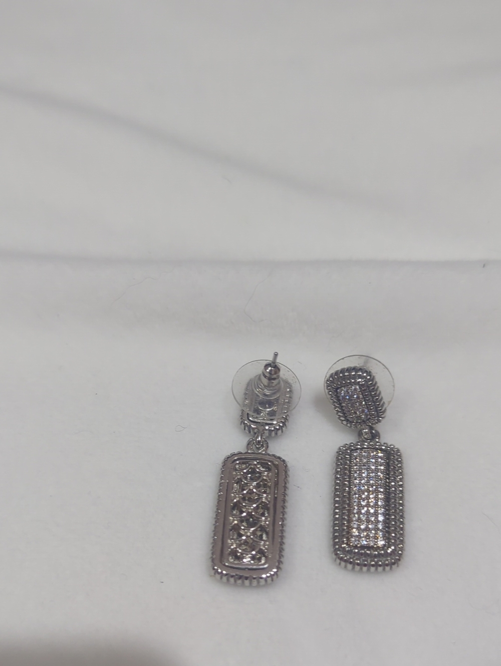 Silver Tone Rectangular Drop Earrings with Pave Crystals